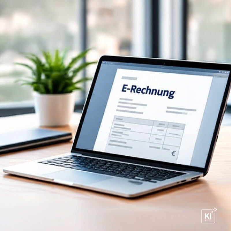 Laptop auf einem Schreibtisch mit einer digitalen E-Rechnung auf dem Bildschirm als Symbol für die elektronische Rechnungsstellung.