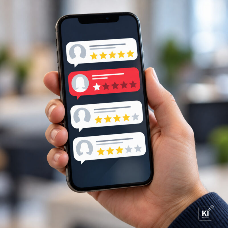 Hand hält ein Smartphone mit einer Übersicht verschiedener Kundenbewertungen. Auf dem Display sind Sternebewertungen von einem bis fünf Sternen zu sehen, darunter eine negative Bewertung in Rot.