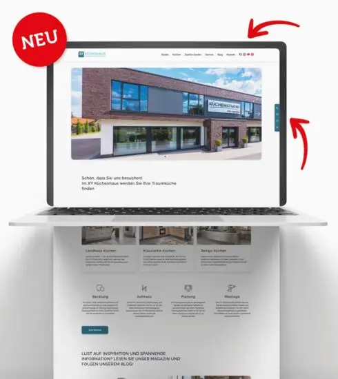 Mockup eines Laptops mit der neuen Händlerwebseite im Blog Refresh für Händlerwebsite" bei Der Küchenring