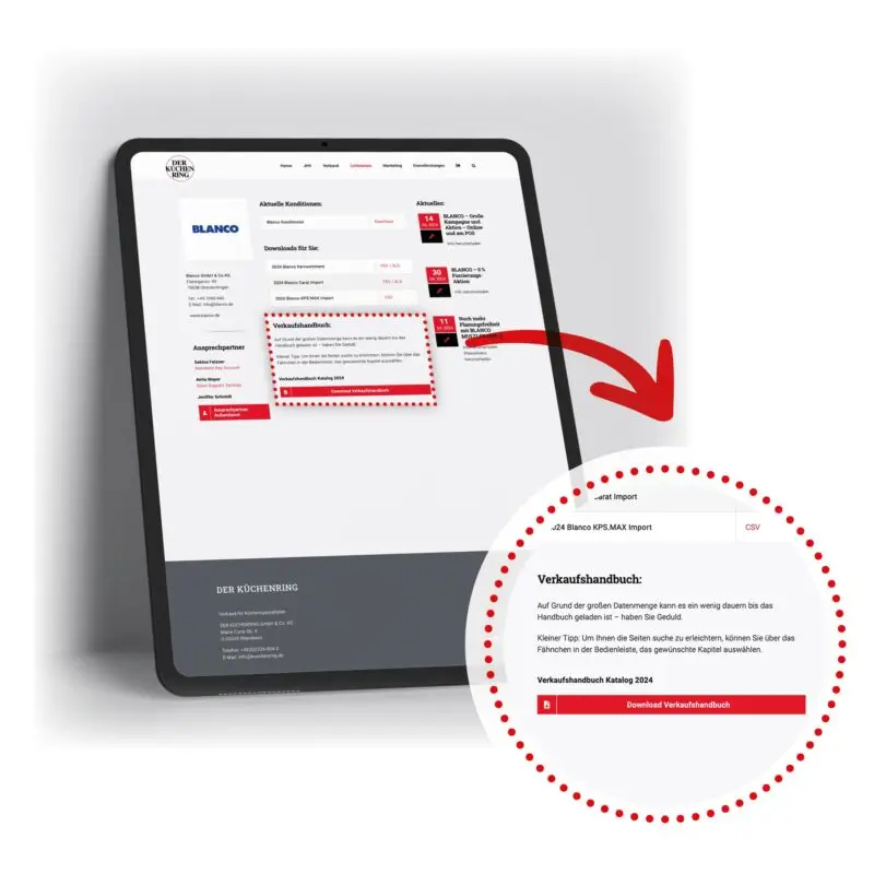 Zu sehen ist ein iPad, welches den Reiter "Verkaufshandbücher" von mein.kuechenring.com zeigt.