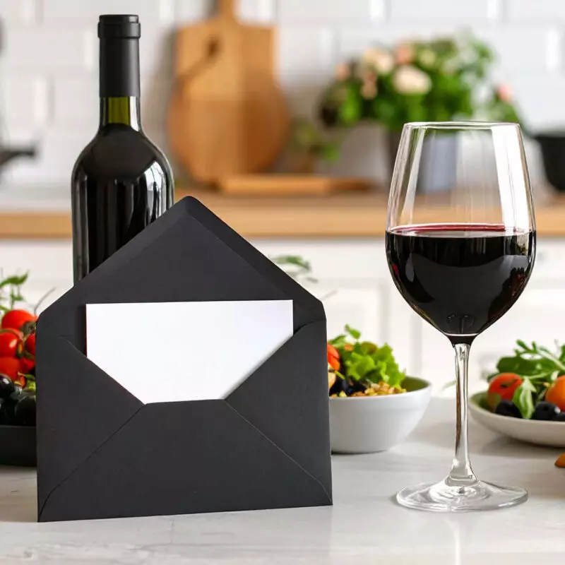 Schwarze Einladungskarte zu Events und Workshops vor Wein und Essen.