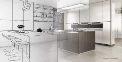 Moderne Küchenplanung als Kombination aus 3D-Visualisierung und realistischer Darstellung einer eleganten Wohnküche mit Kochinsel und Sitzbereich.