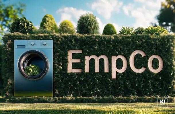 Waschmaschine vor grüner Hecke mit dem Schriftzug „EmpCo“ als Symbol für umweltbezogene Werbeaussagen.