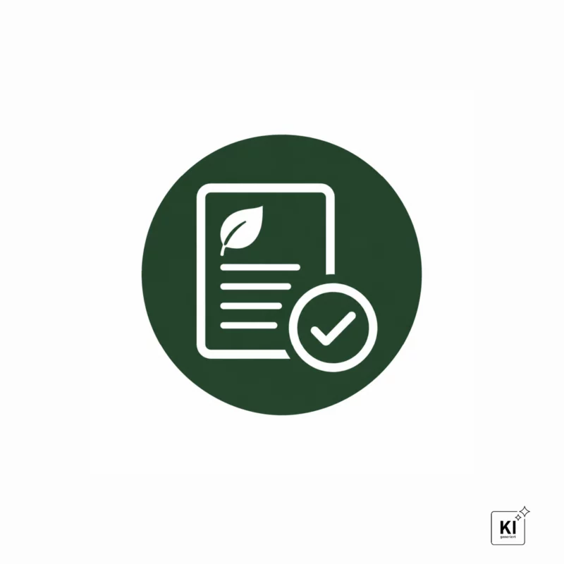 Grünes Symbol mit einem Dokument, einem Blatt und einem Häkchen als Hinweis auf transparente Umweltinformationen.