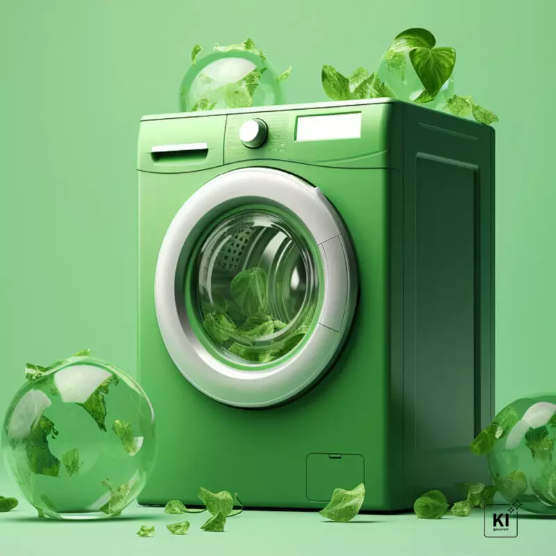 Grüne Waschmaschine mit Blättern als Symbol für umweltbezogene Werbeaussagen und Nachhaltigkeit.